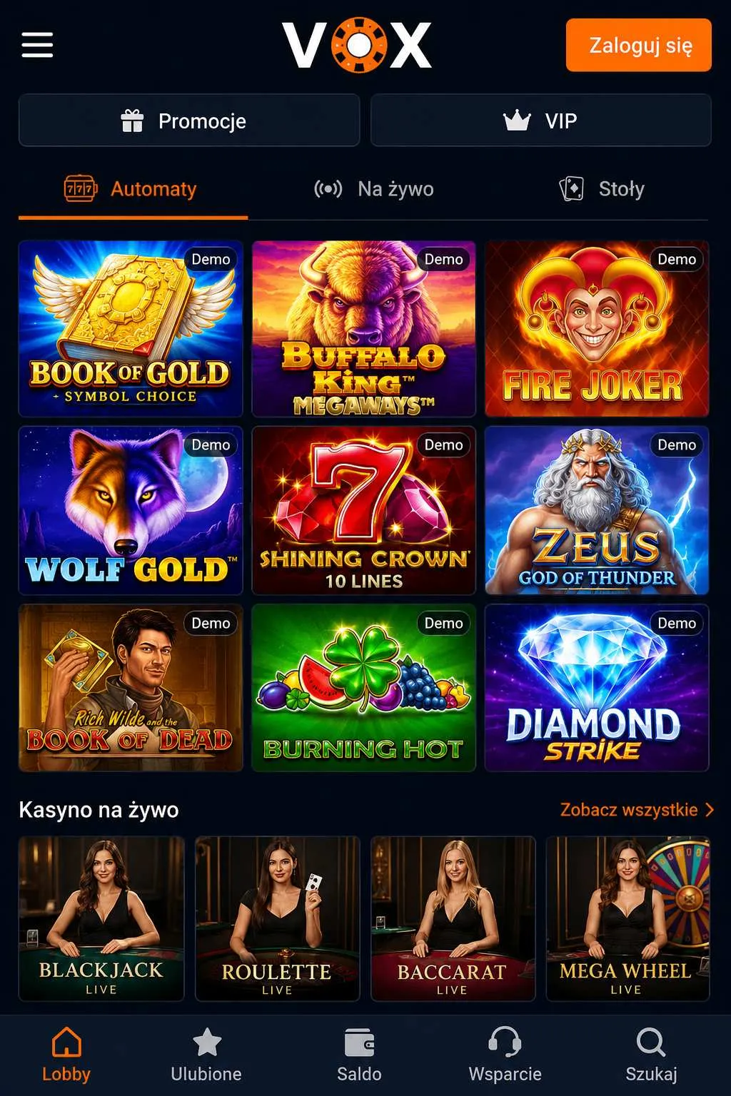 Gry w aplikacji Vox Casino z trybem demo