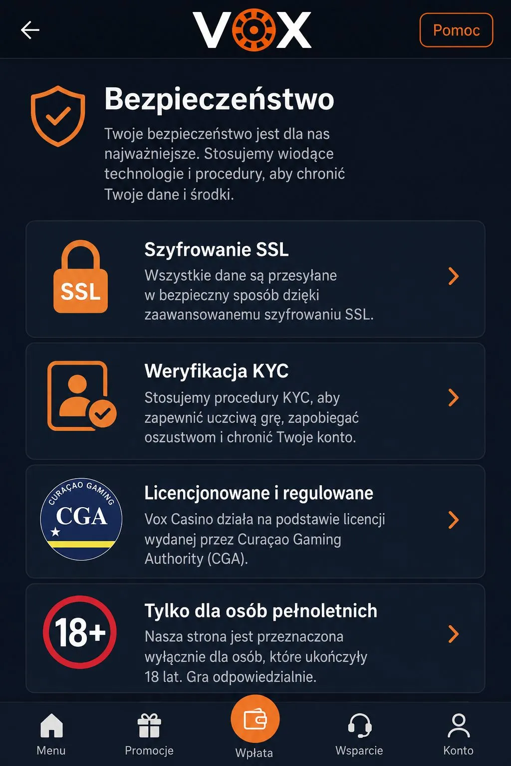 Bezpieczeństwo aplikacji Vox Casino z SSL