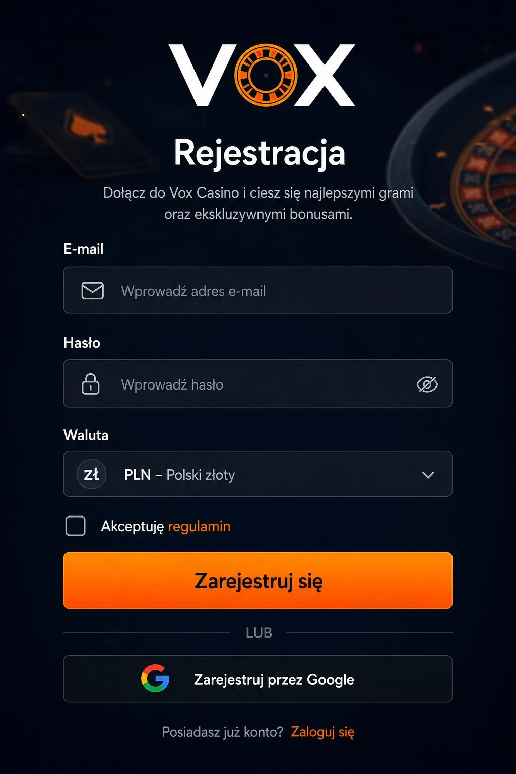 Rejestracja konta w Vox Casino