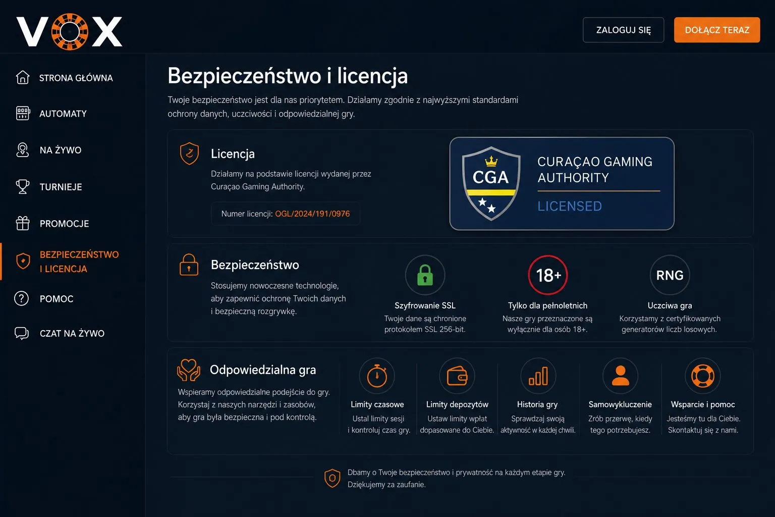 Bezpieczeństwo i licencja CGA w Vox Casino